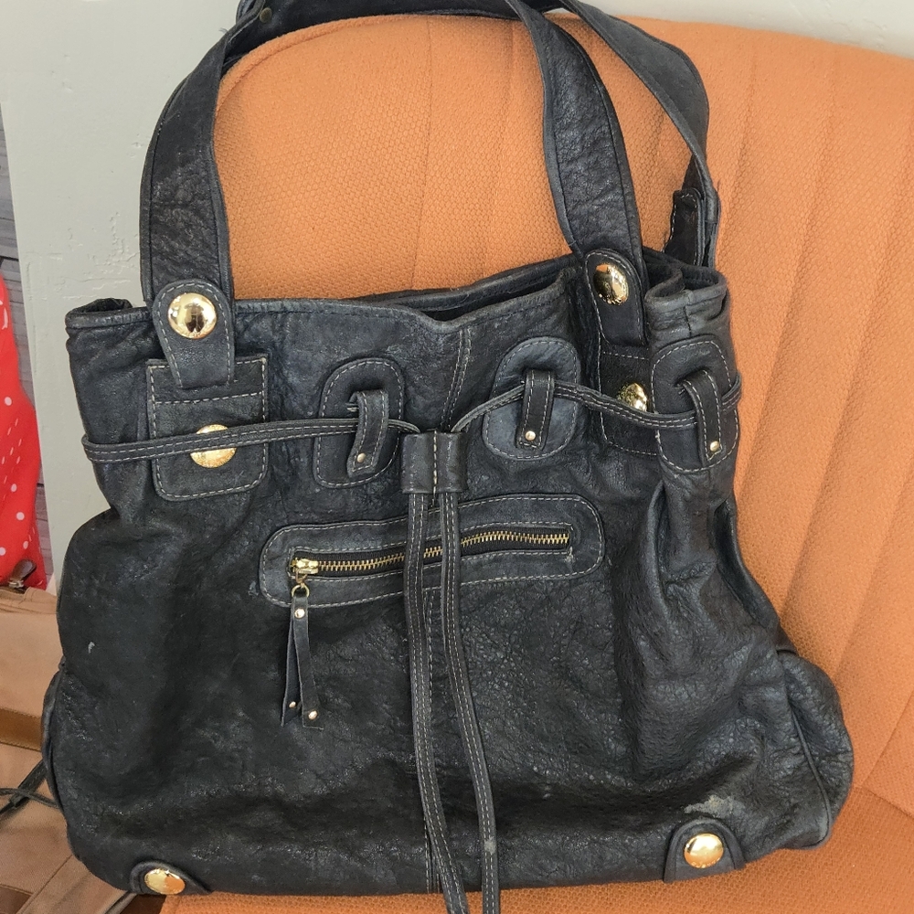 Gold and Gray Shoulder Bag with Distressed Leather